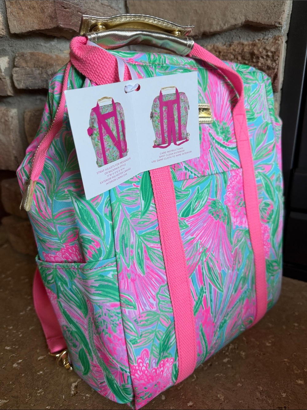 New - Lilly Pulitzer Insulated Pink & Green Floral Backpack with Gold Hardware